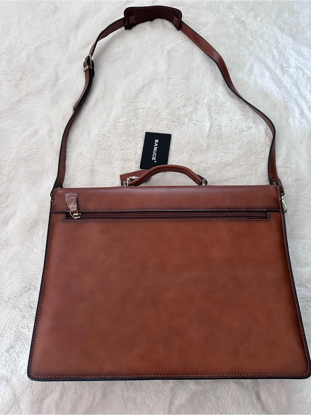 Tan Leather Laptop Briefcase with Shoulder Strap
